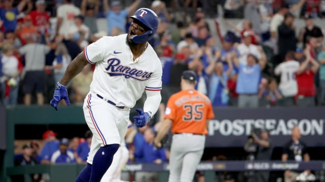 Oct 20, 2023; Arlington, Texas, USA; Texas Rangers right fielder Adolis Garcia (53) celebrates after hitting a three-run home run during the sixth inning of game five in the ALCS against the Houston Astros for the 2023 MLB playoffs at Globe Life Field. Mandatory Credit: Kevin Jairaj-USA TODAY Sports